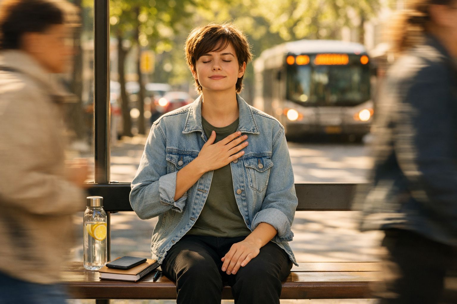 Mulher sentada num banco à espera de autocarro, com os olhos fechados e mão no peito a respirar fundo.