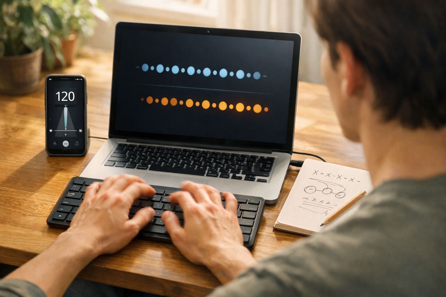 Pessoa a trabalhar no computador com smartphone a mostrar metrónomo e caderno com anotações musicais.