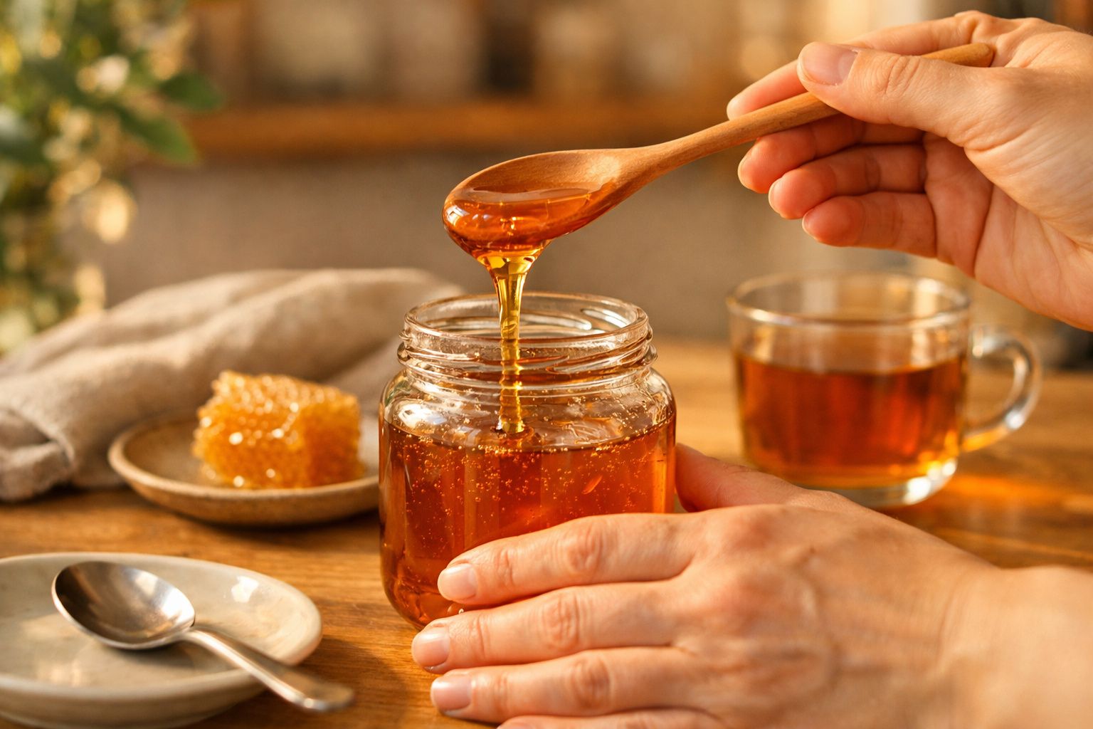 Mãos a colher mel de um frasco de vidro, com chá e favo de mel desfocado ao fundo numa mesa de madeira.