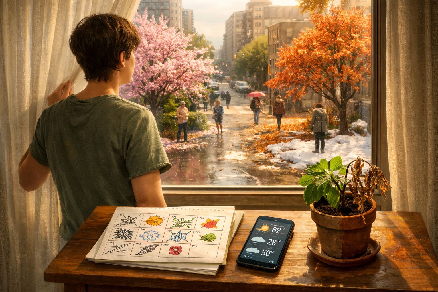 Homem observa cidade através da janela, com várias estações do ano ao ar livre e planta em vaso na mesa.