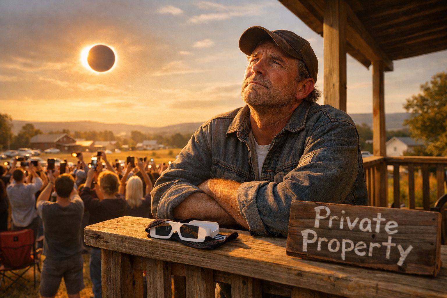 Homem de camisa de ganga observa eclipse solar enquanto grupo fotografa ao fundo, junto a placa de propriedade privada.