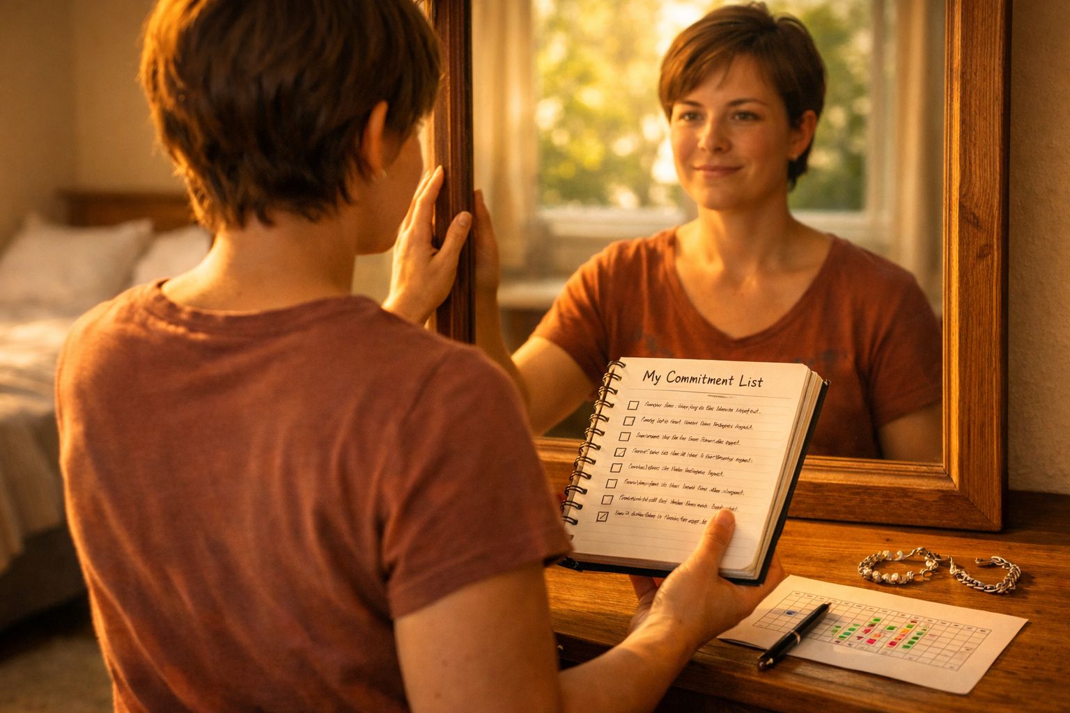 Pessoa de camisa castanha olha para o espelho, segurando um caderno com uma lista de compromissos escrita.