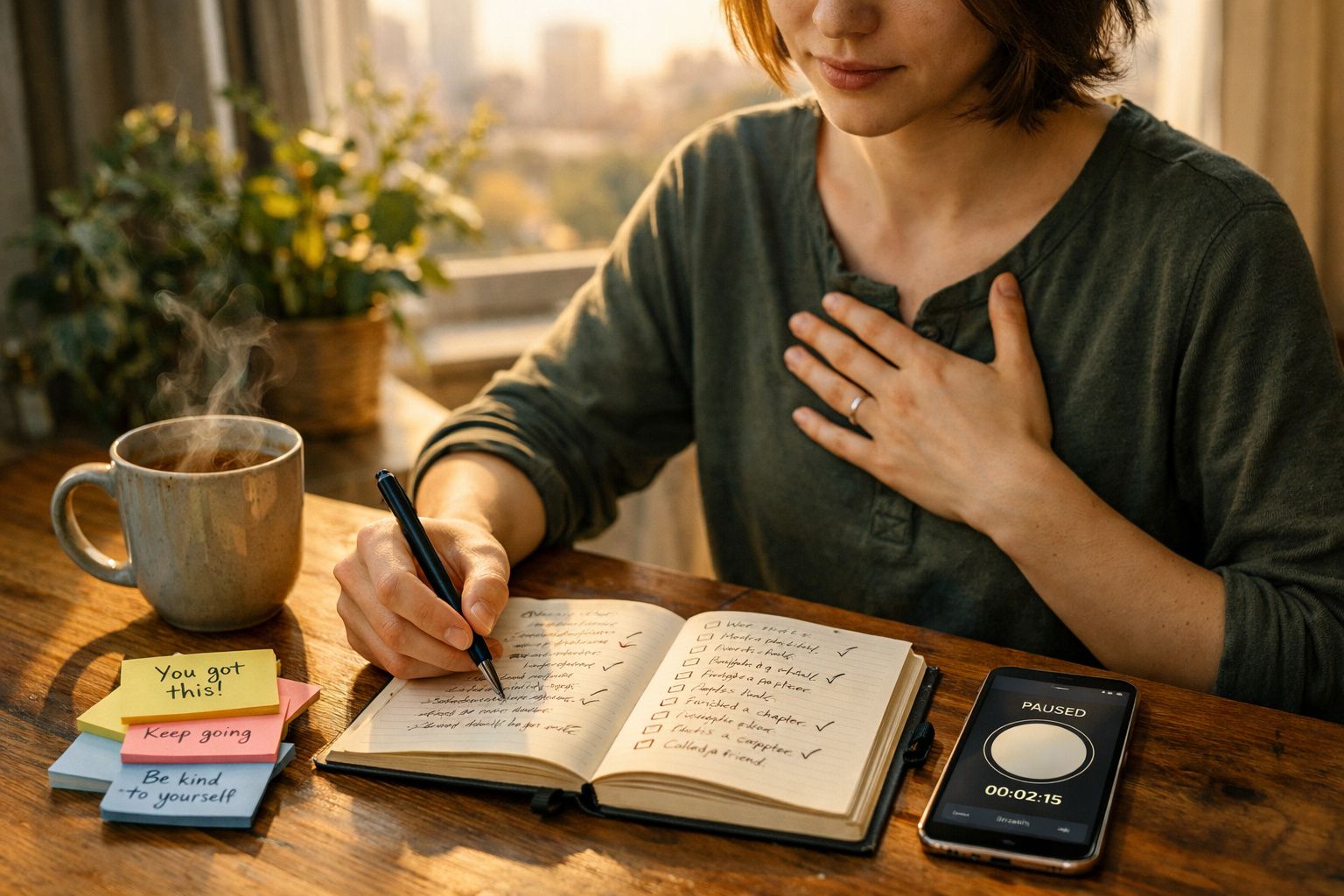 Pessoa a escrever numa agenda com café quente e notas motivacionais numa mesa iluminada pelo sol.