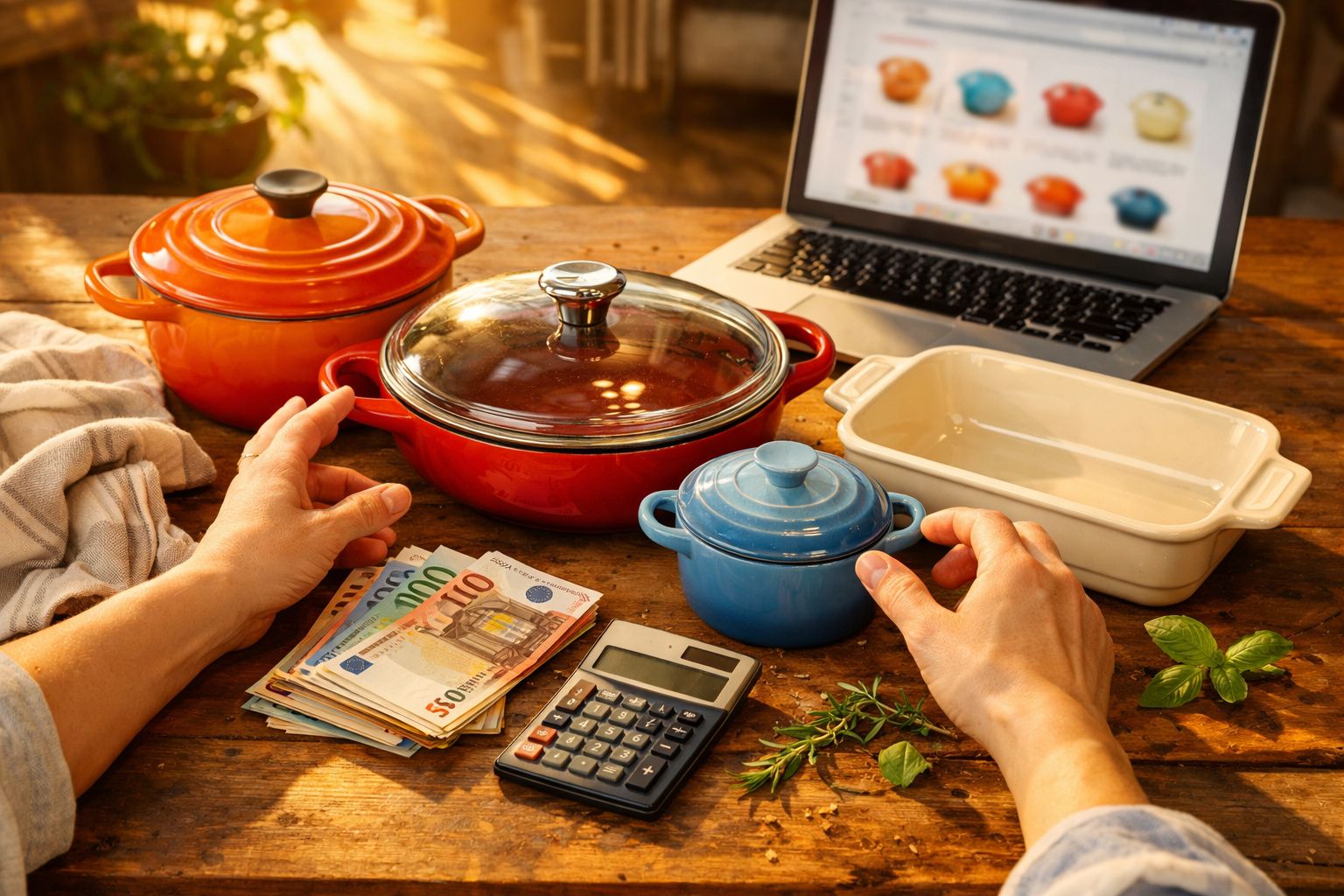 Mesa de madeira com tachos coloridos, mãos, dinheiro, calculadora e laptop com loja online aberta.