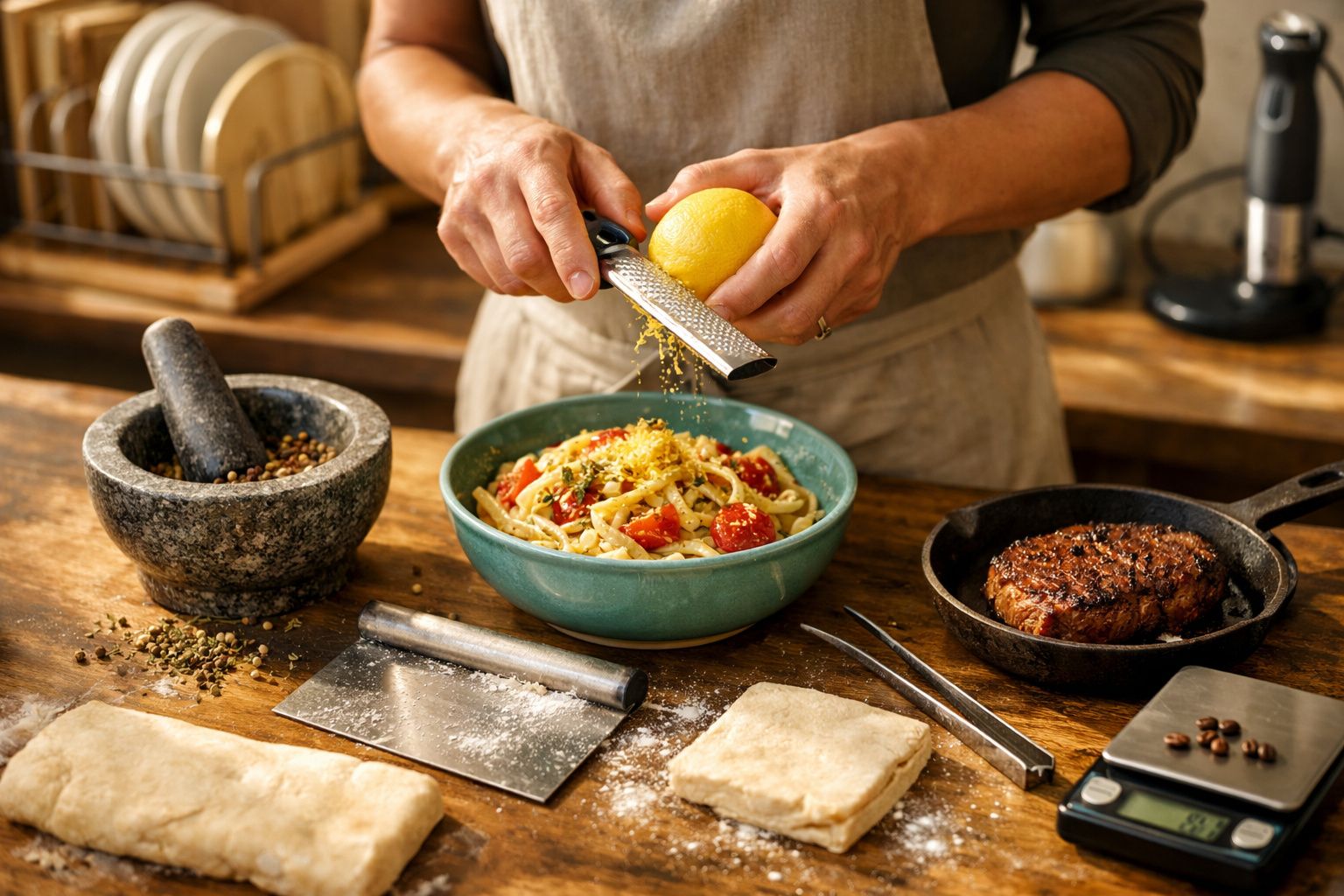 Pessoa a ralar casca de limão por cima de prato com massa, ao lado de bife na frigideira e utensílios de cozinha.