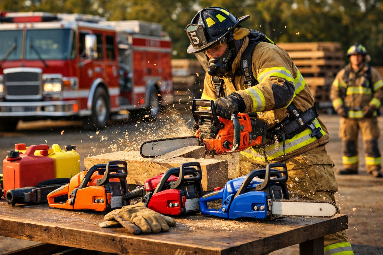 Bombeiro com equipamento completo a cortar madeira com motosserra, caminhão de bombeiros ao fundo.