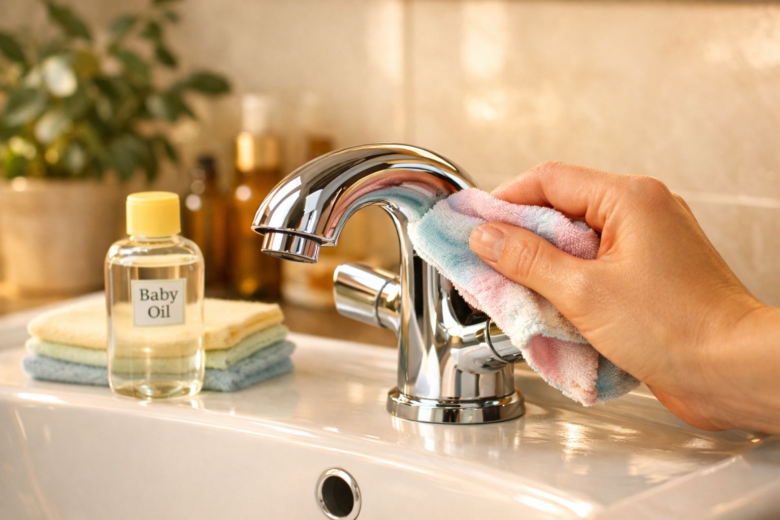 Mão a limpar torneira cromada com pano colorido ao lado de óleo para bebé e toalhas empilhadas numa casa de banho.