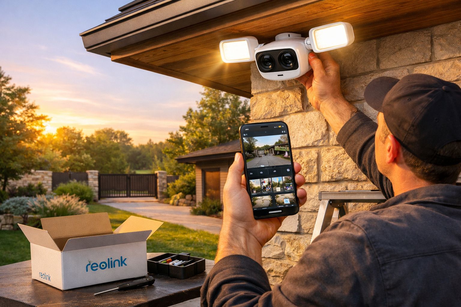 Homem a instalar câmara de segurança com sensor de movimento e luzes LED numa casa, controlada por app móvel.