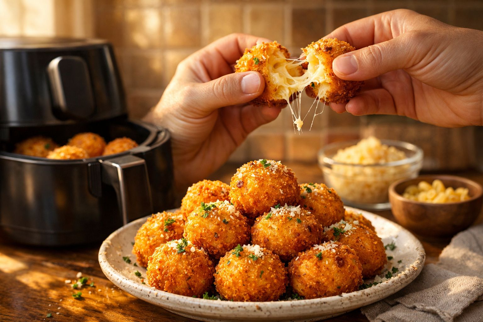 Mãos a partir uma bolinha crocante recheada com queijo, com mais bolinhas e airfryer em fundo desfocado.