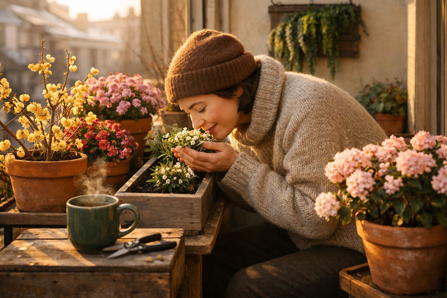 Mulher com camisola e gorro castanho cheira flores brancas num jardim com vasos floridos ao nascer do sol.