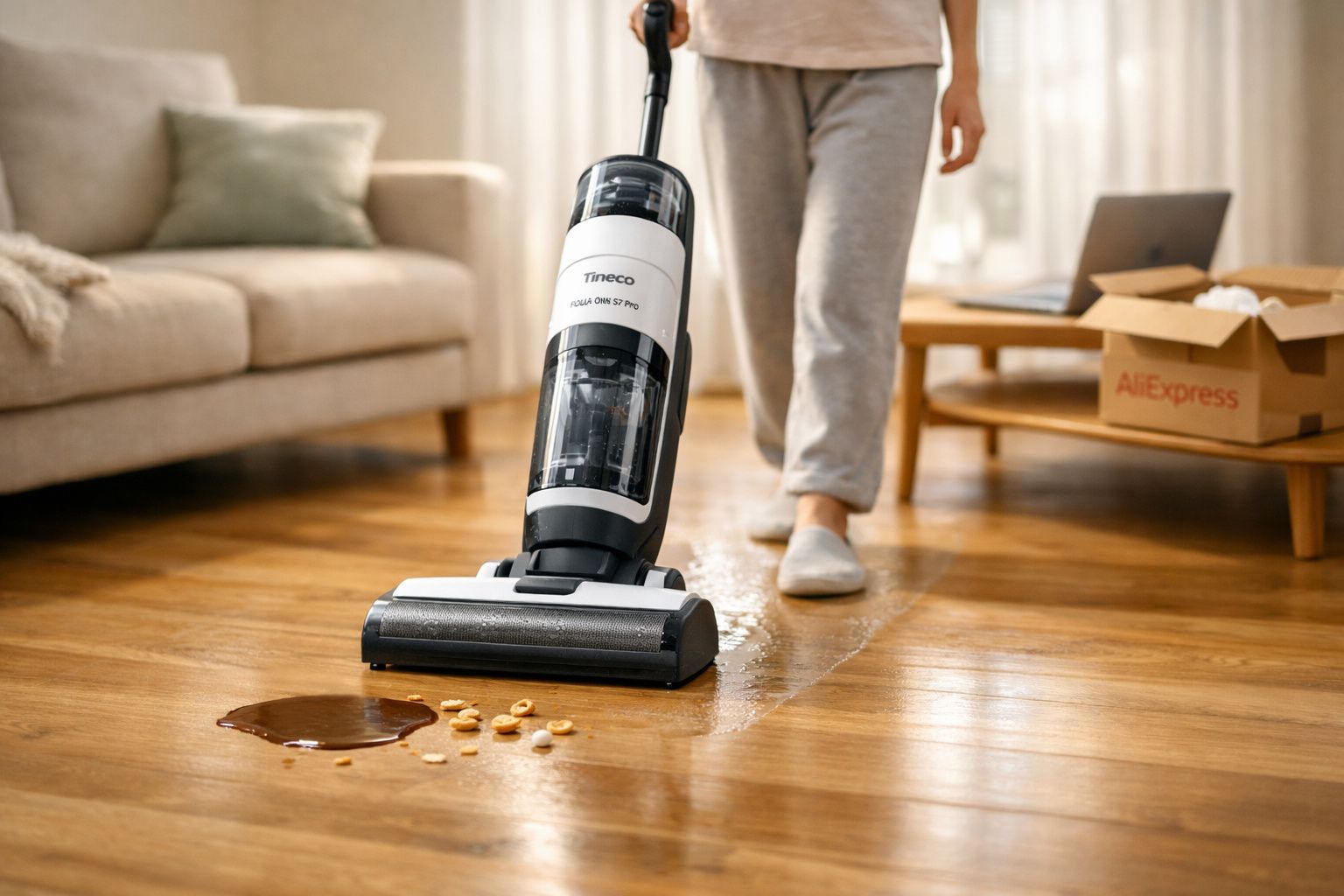Aspirador vertical a limpar líquido e cereais derramados num chão de madeira numa sala.