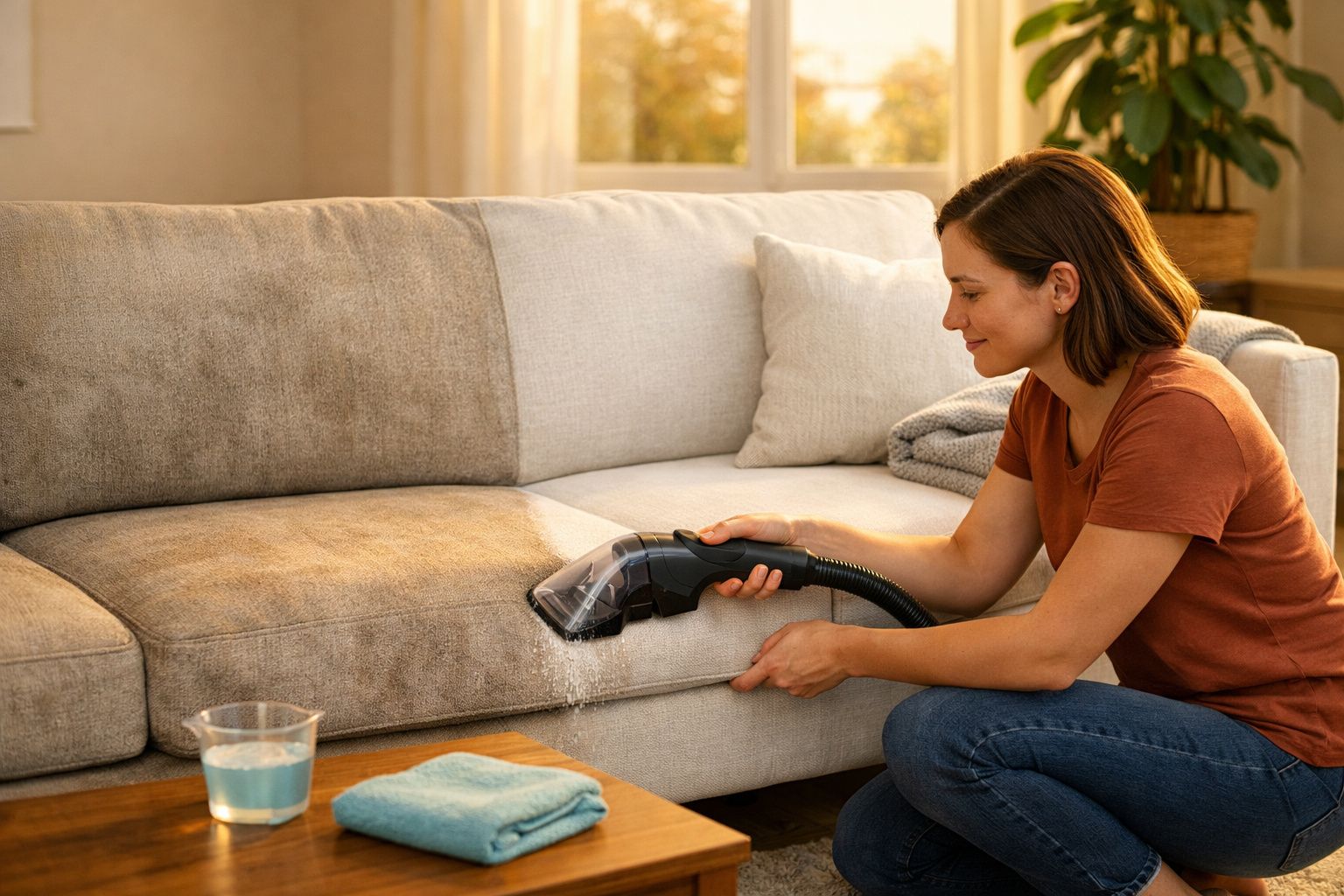 Mulher a limpar sofá bege com aspirador portátil num ambiente doméstico iluminado.