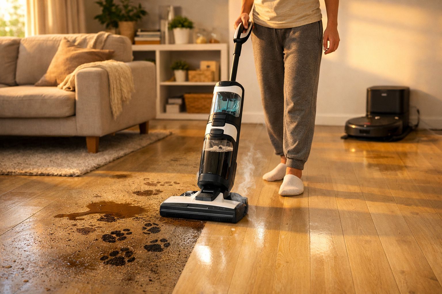 Pessoa a usar aspirador a vapor para limpar manchas de patas no chão de madeira numa sala.