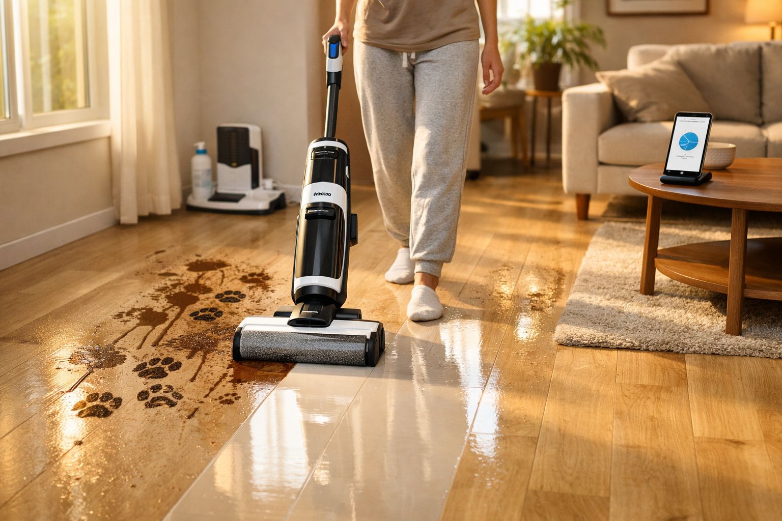 Pessoa a limpar manchas de patas de animal no chão de madeira com aspirador robô num ambiente acolhedor.
