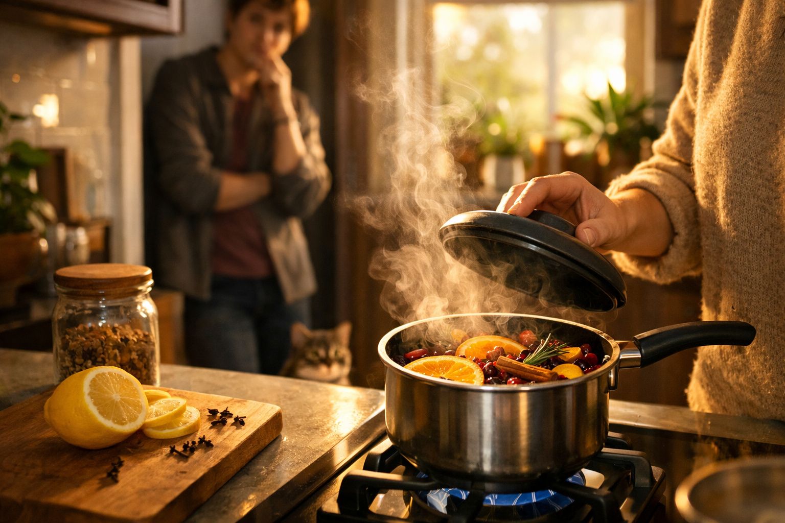 Pessoa a levantar tampa de panela com infusão aromática de frutas e especiarias, com limão cortado à frente.