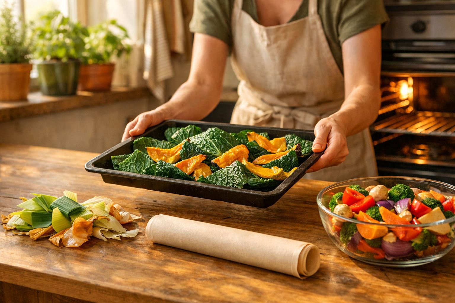 Pessoa a preparar legumes para assar num tabuleiro, com legumes frescos ao lado na bancada da cozinha.