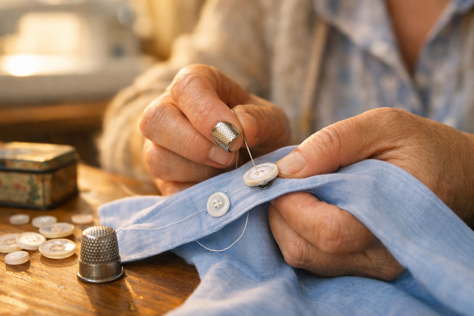 Mãos costurando um botão branco numa camisa azul clara com dedal metálico no dedo polegar.