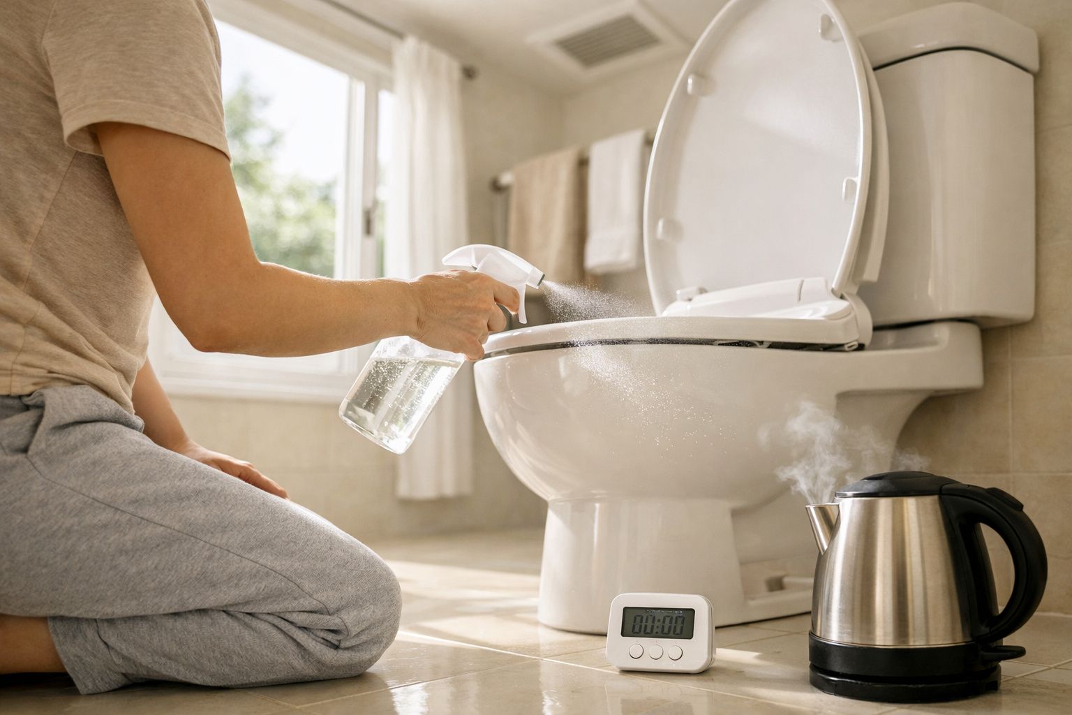 Pessoa a limpar sanitário com spray, chaleira elétrica a ferver e temporizador no chão da casa de banho.