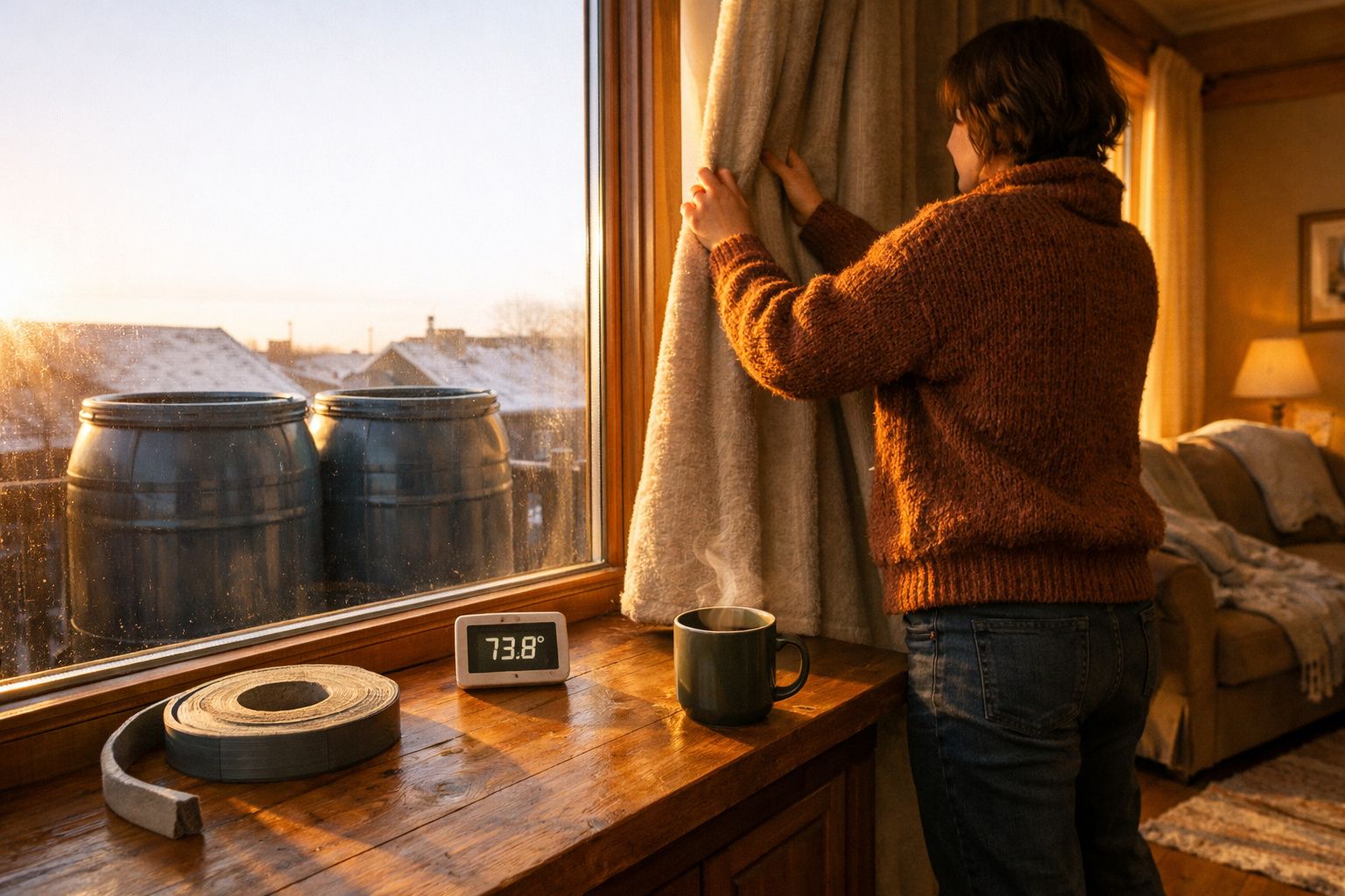 Pessoa vestindo camisola castanha abre cortinas junto a janela com termómetro a mostrar 23.8°C e caneca sobre móvel de madeir