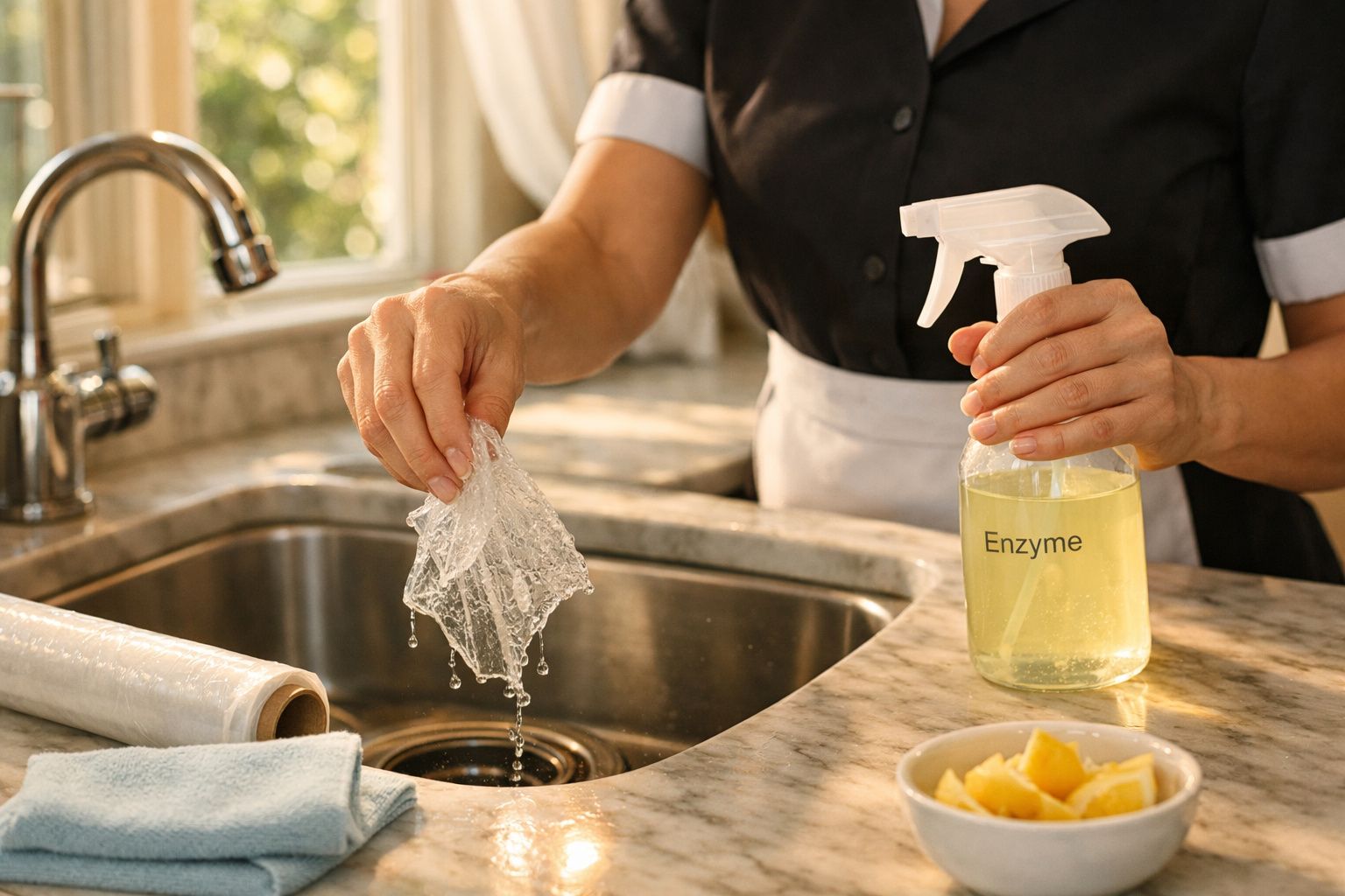 Pessoa a limpar o lavatório da cozinha com spray de enzimas e pano húmido.