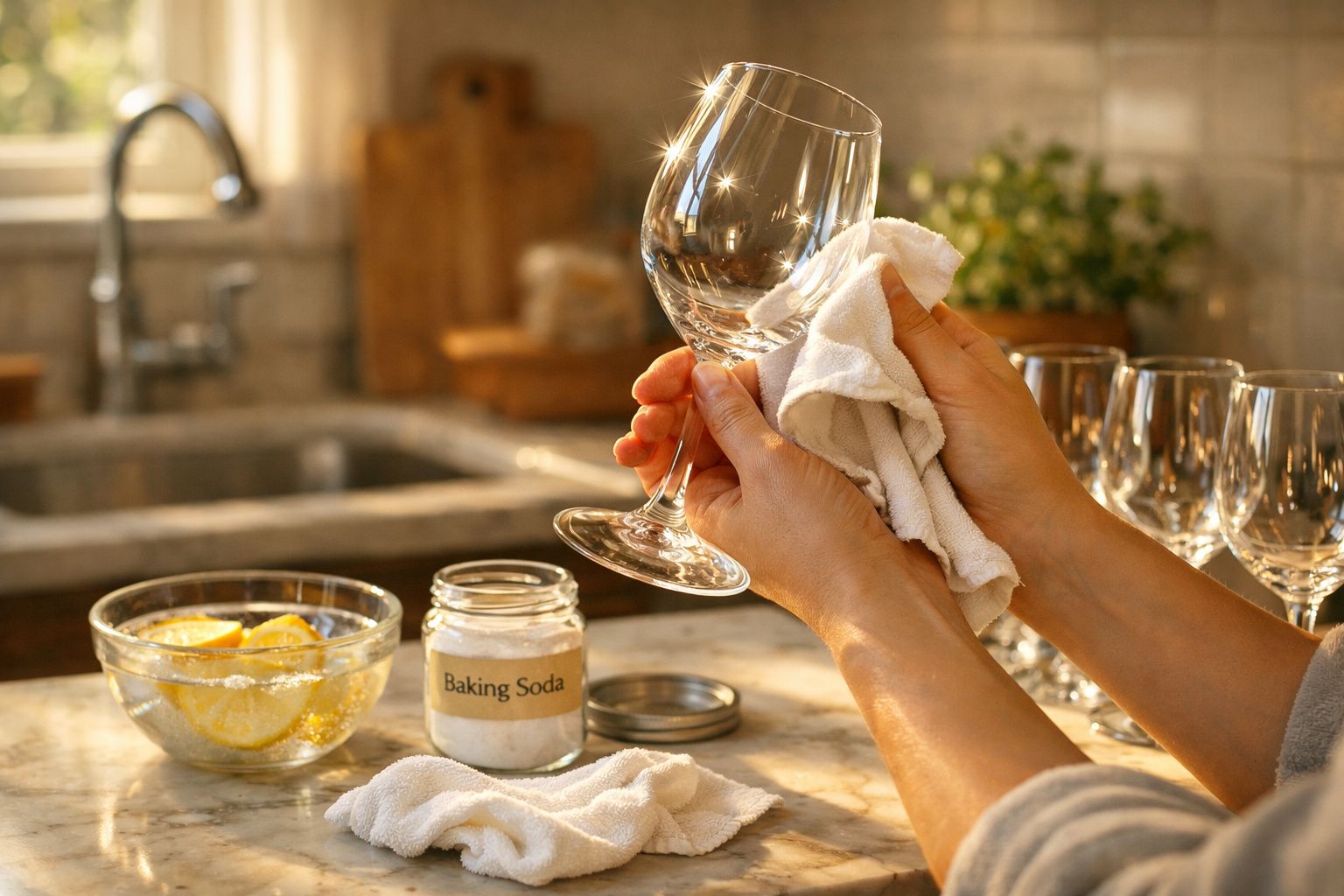 Mãos a secar copo de vidro com pano branco na cozinha, com bicarbonato e limões ao lado.
