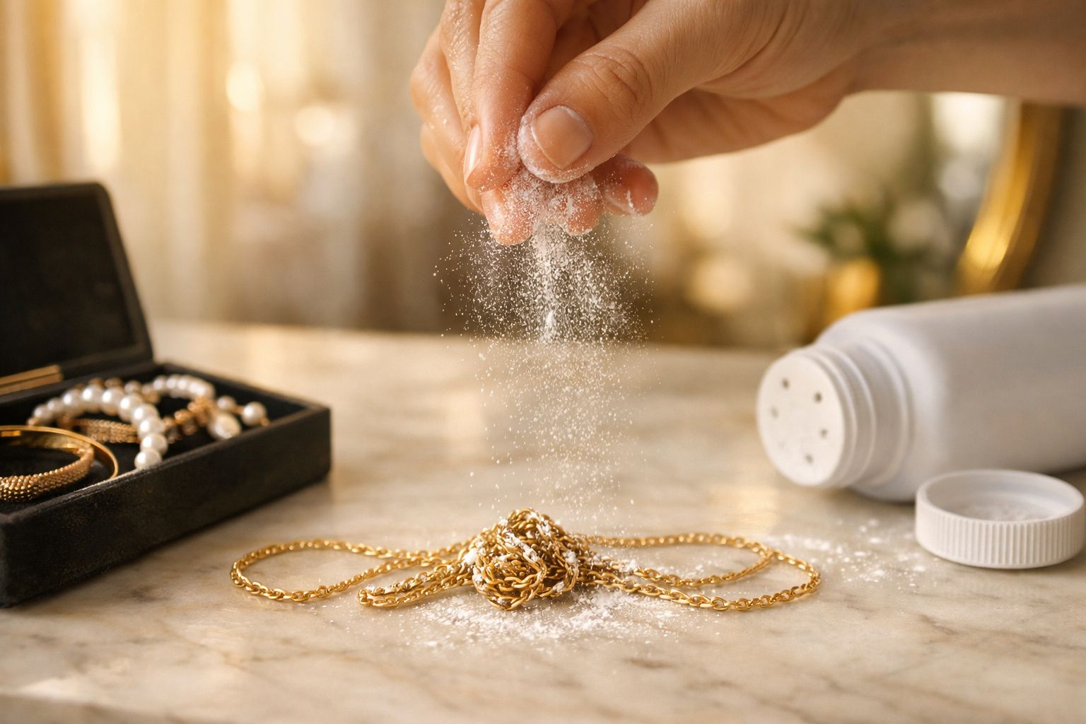 Mão a polvilhar pó branco sobre correntes de ouro em nó, com caixa de joias e frasco de pó ao lado.