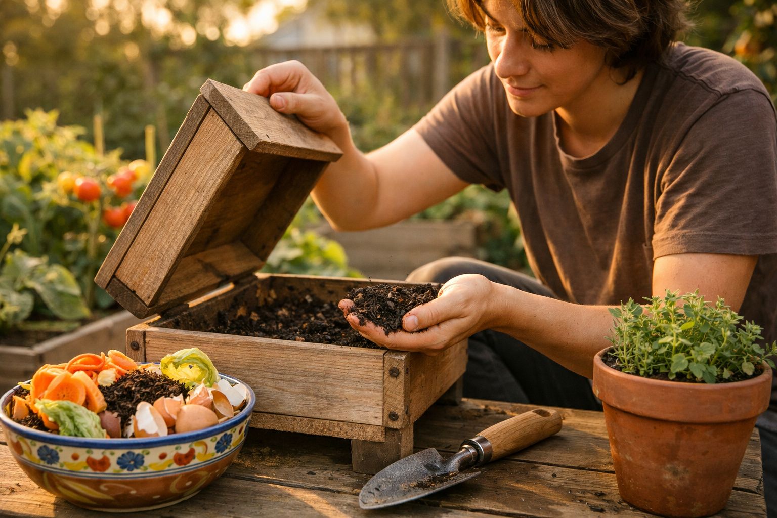 Jovem a mexer terra num composteiro de madeira, com restos de comida e planta numa mesa exterior.