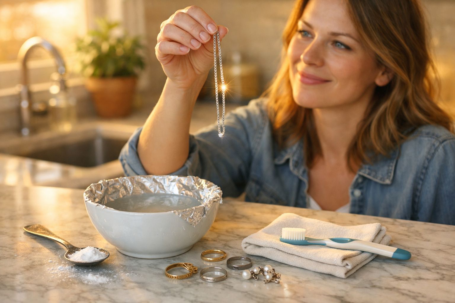 Mulher segurando colar com brilho sobre tigela com água e alumínio na cozinha, ao lado de anéis e escova.