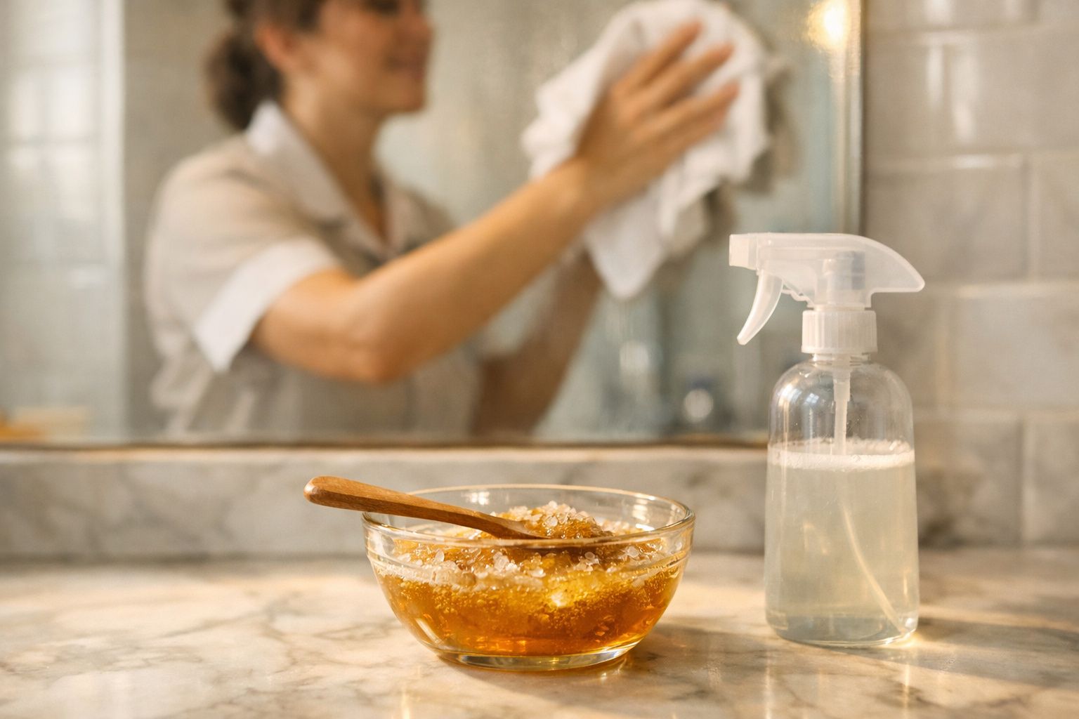 Borrifador e taça com mistura de limpeza numa superfície, enquanto pessoa limpa espelho ao fundo desfocado.