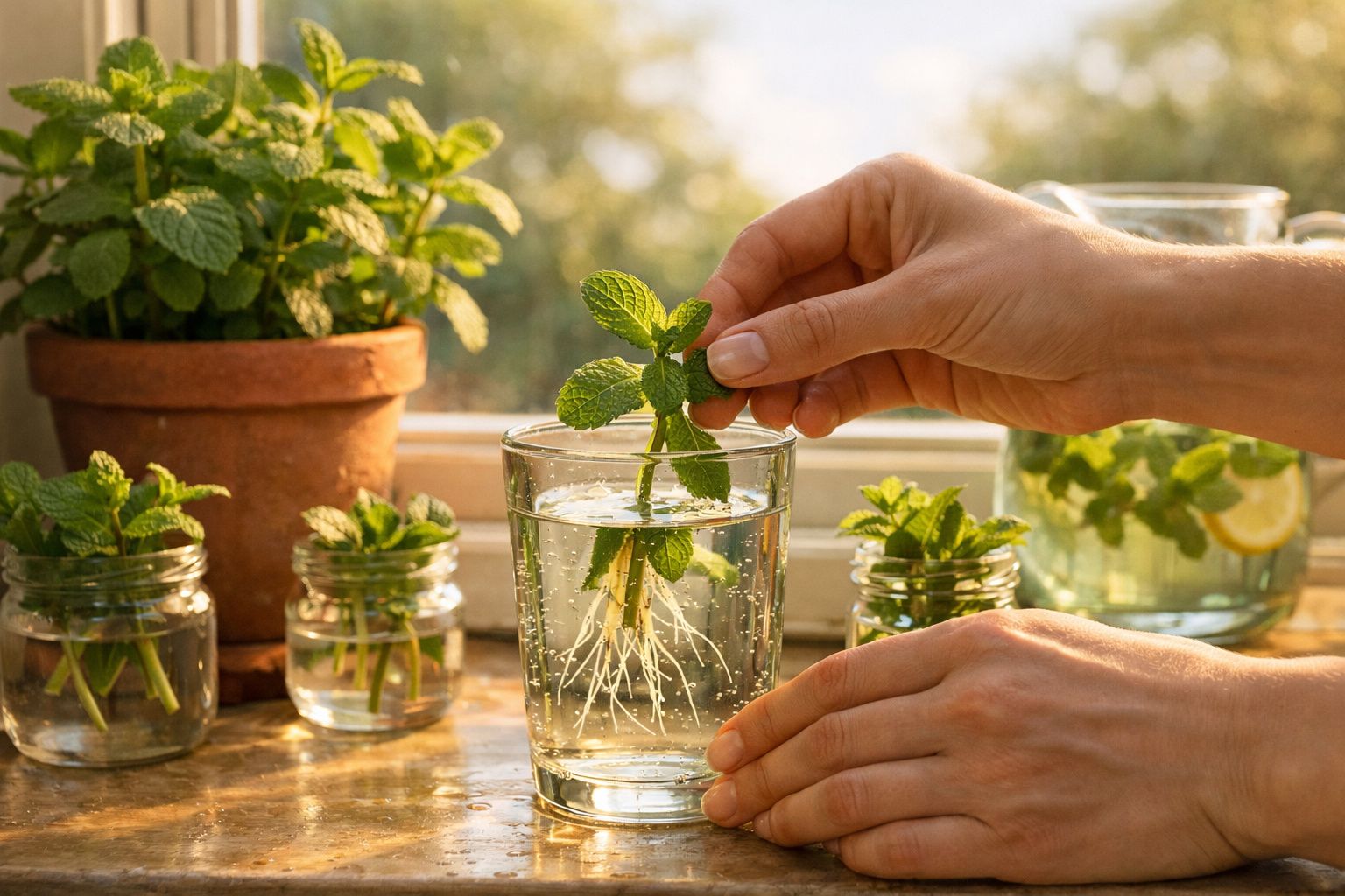 Mãos mergulham raminho de hortelã em copo com água para criar raízes, rodeado por vasos e frascos com hortelã.
