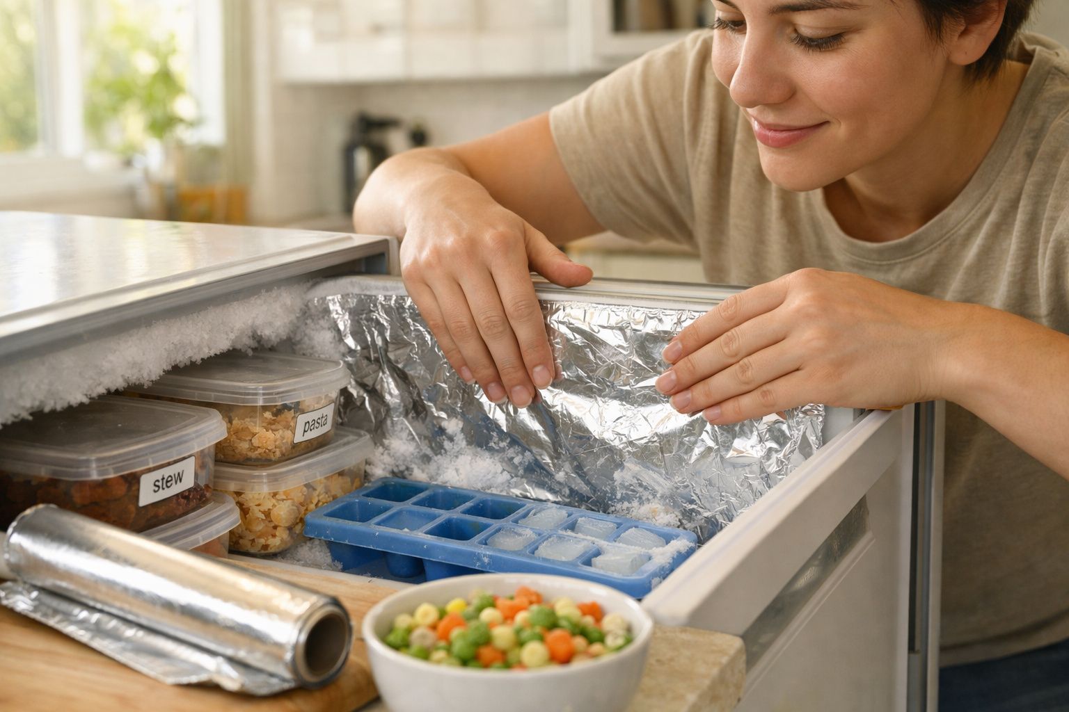 Mulher a abrir o congelador com alimentos embalados e um tabuleiro de gelo, na cozinha.