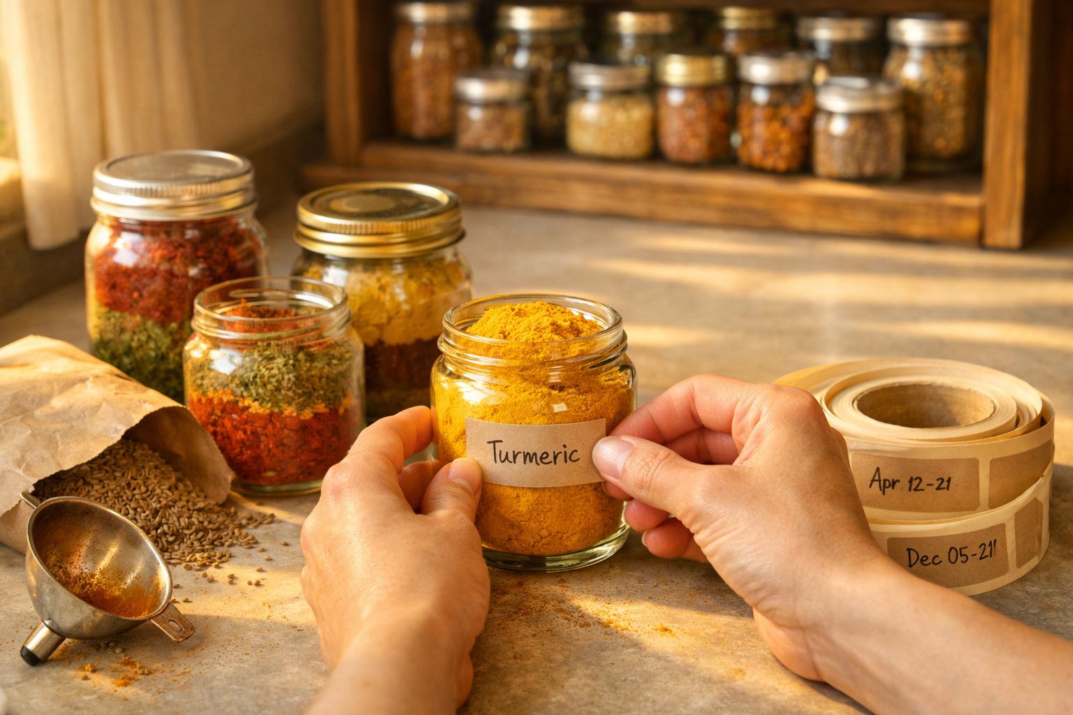 Mãos a colocar etiqueta "Turmeric" num frasco com açafrão-da-terra junto a outros frascos de especiarias.