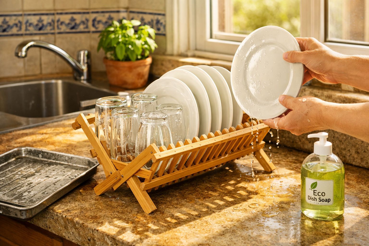 Mãos a enxaguar um prato ao lado de escorredor com pratos e copos, sabonete líquido ecológico na bancada da cozinha.