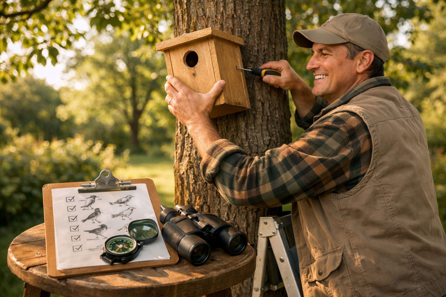 Homem a instalar uma caixa-ninho numa árvore com equipamento de observação de aves à frente.