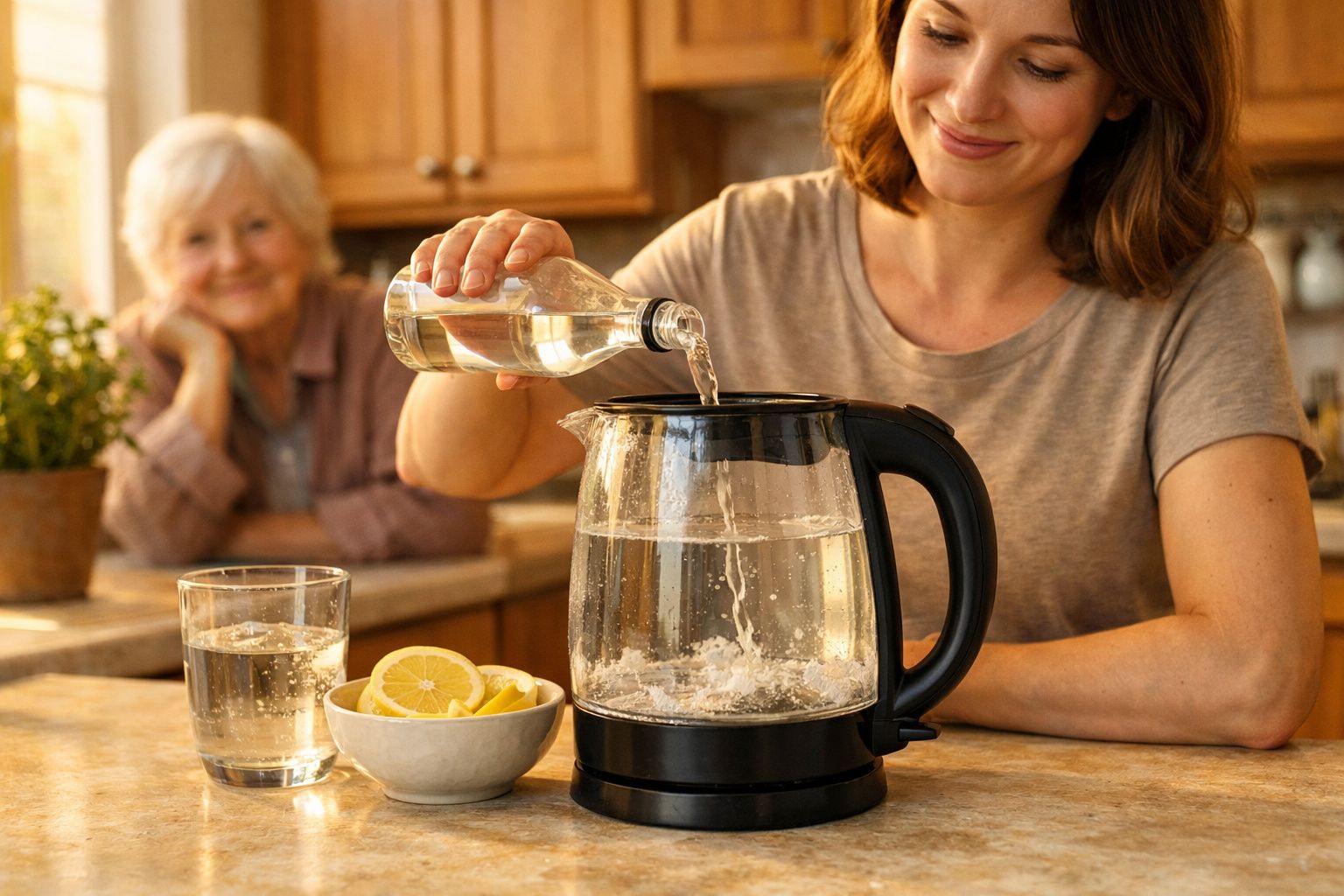 Mulher a verter água numa chaleira elétrica numa cozinha, com uma senhora idosa ao fundo.