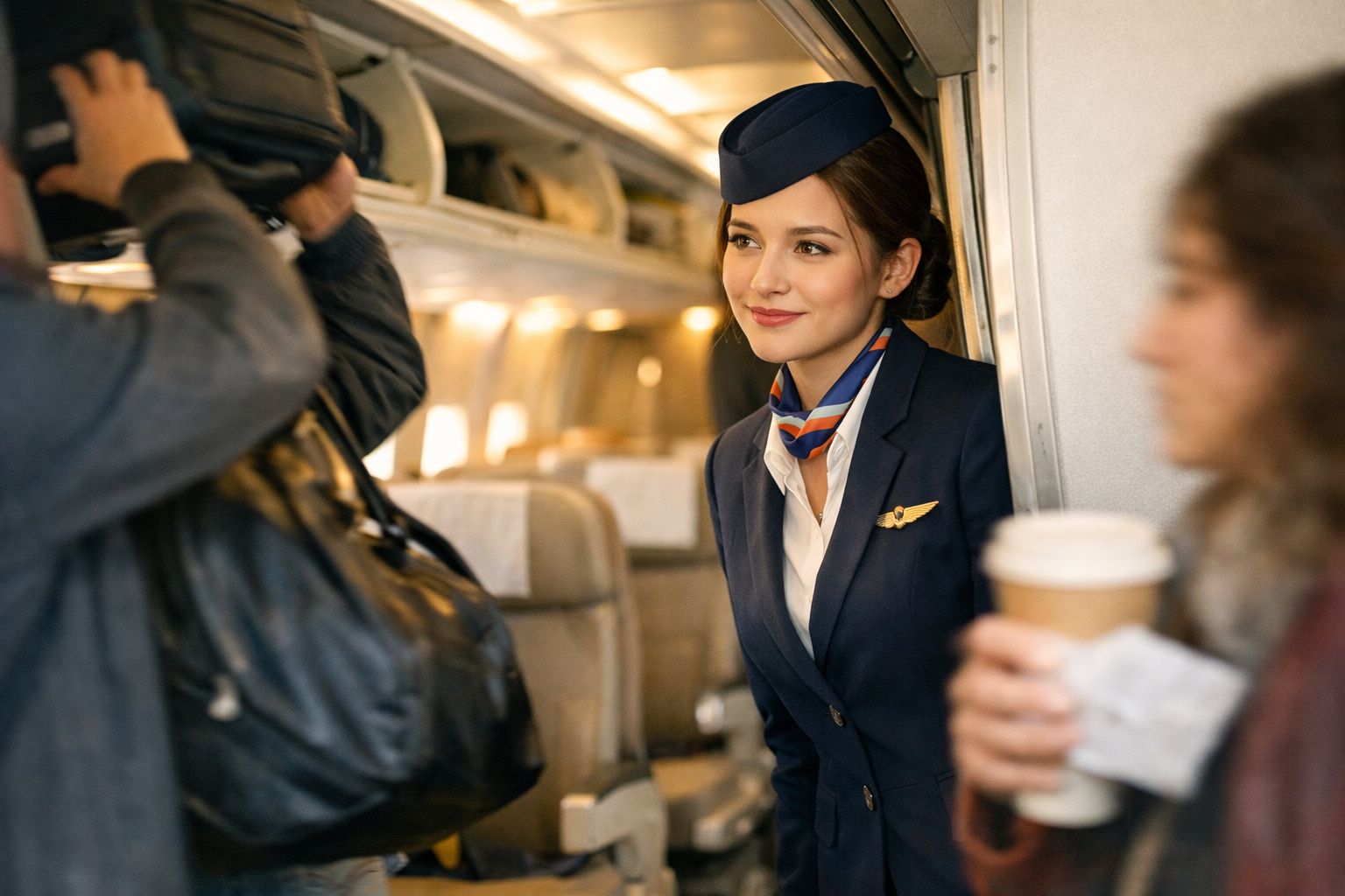 Assistente de voo sorridente com uniforme azul dentro de avião enquanto passageiros se movimentam ao redor.