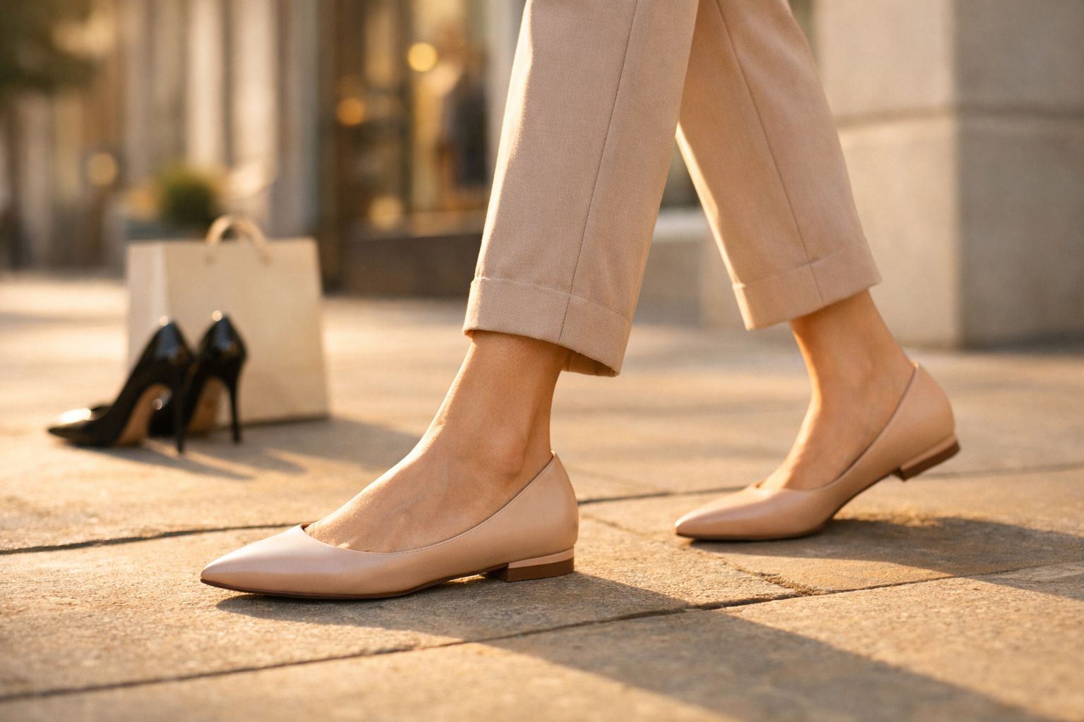 Pés femininos com sapatos rasos nude a caminhar na rua, com sapatos pretos de salto e mala ao fundo.
