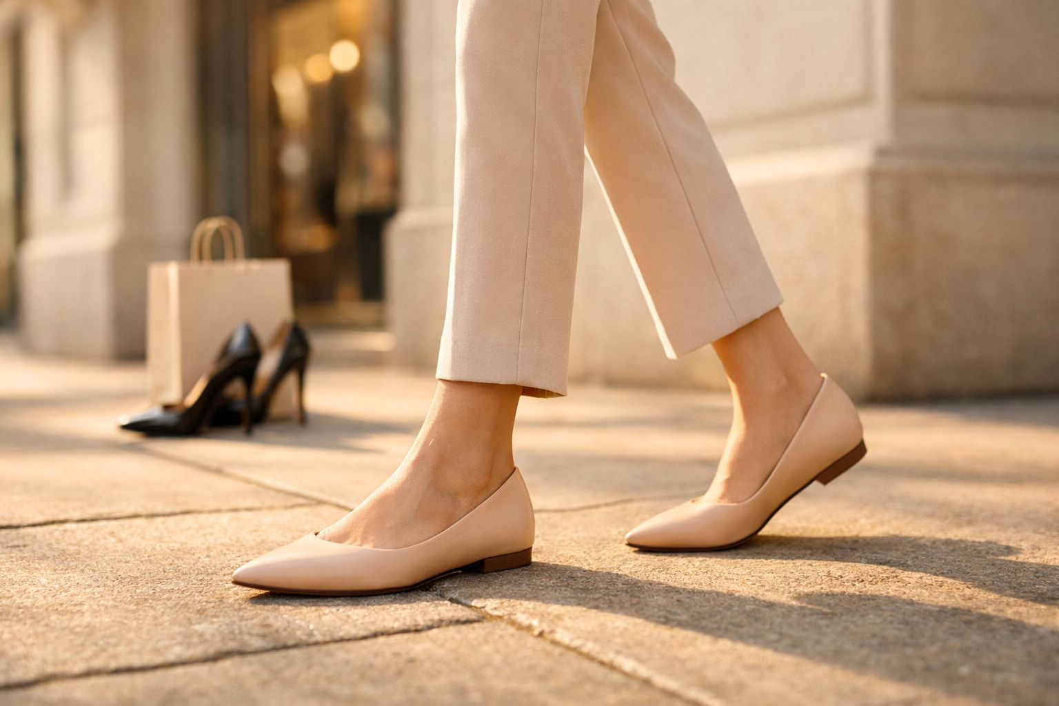 Pés de mulher com sapatos baixos cor de pele e calças claras, junto a sapatos de salto alto e sacola de compras.