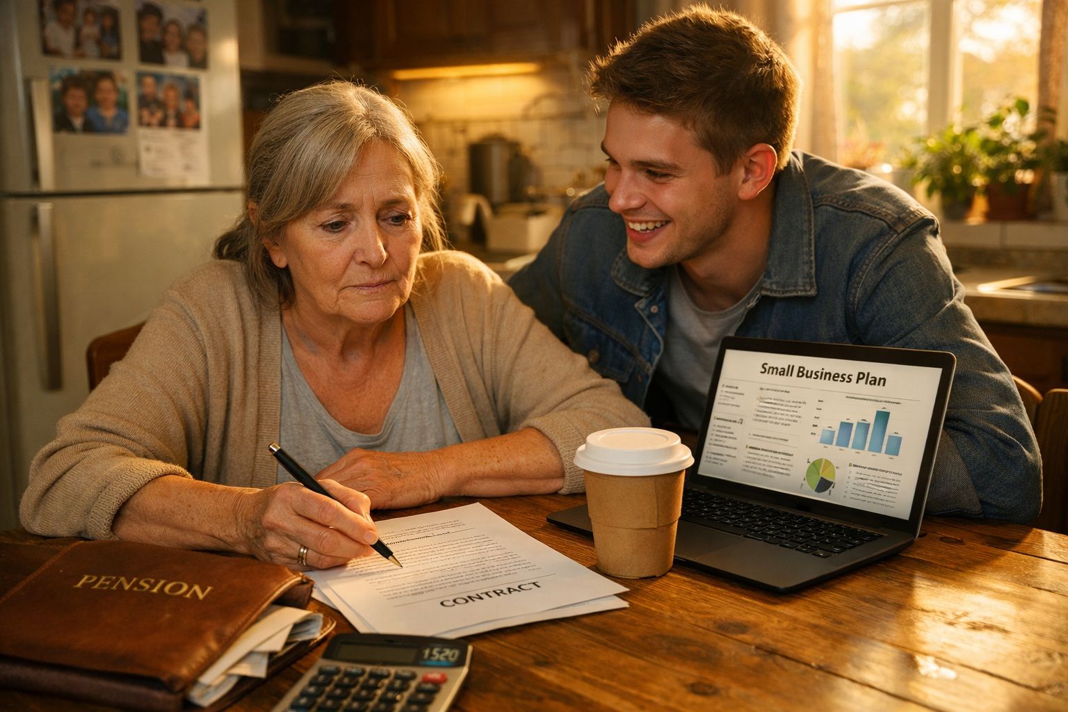 Mulher mais velha assinando contrato enquanto jovem sorri, com plano de negócios num portátil à sua frente.