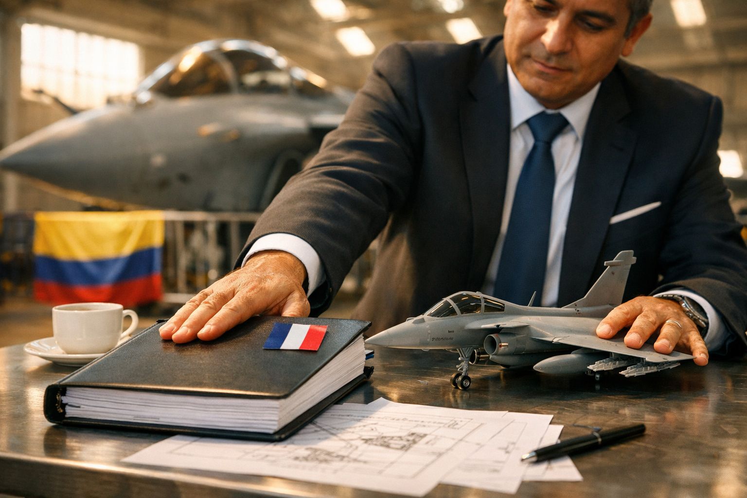 Homem de fato junto a modelo de avião de guerra, livro com bandeira France sa e desenhos técnicos num hangar.