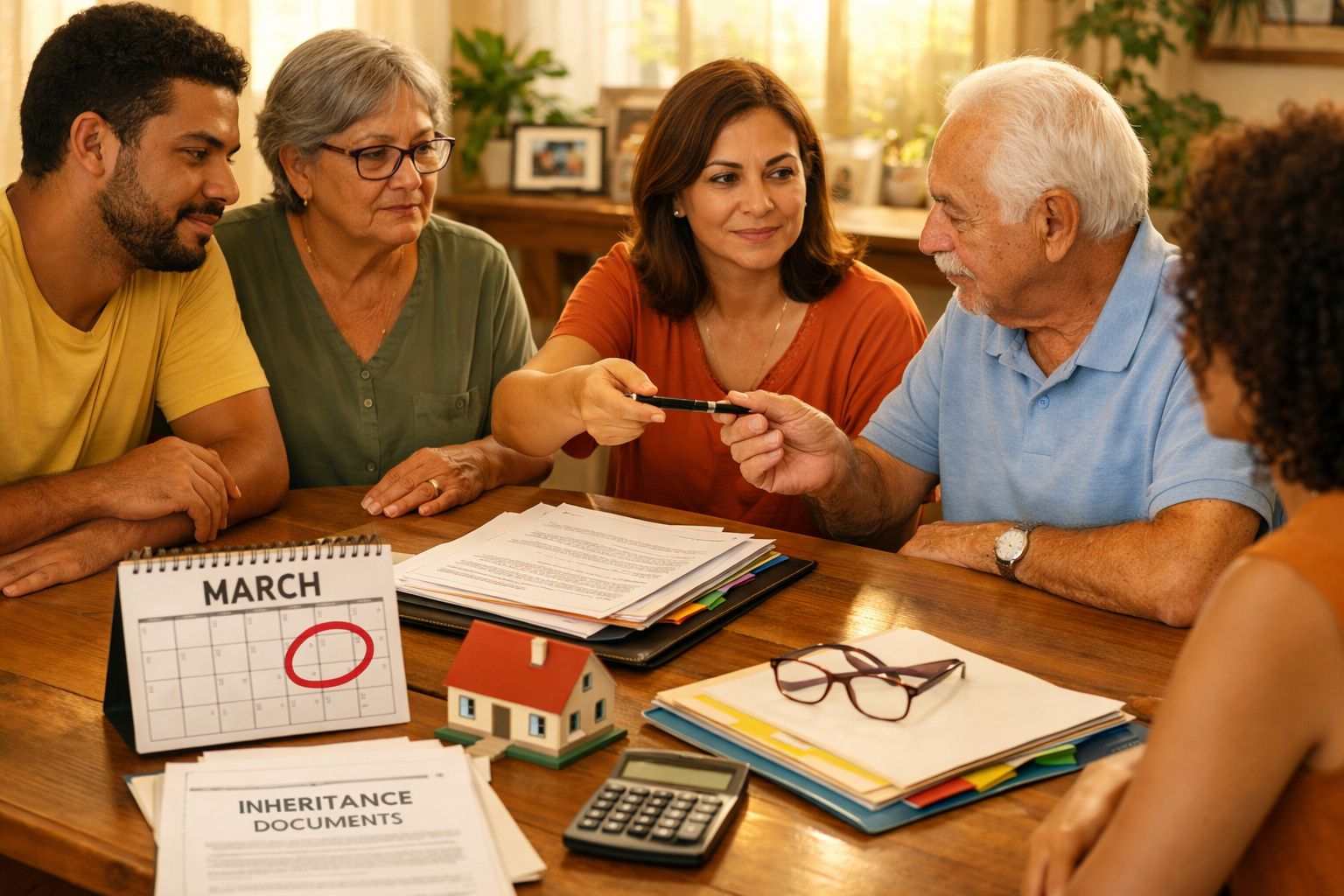 Grupo familiar a discutir documentos de herança à volta de uma mesa com um calendário a marcar Março.