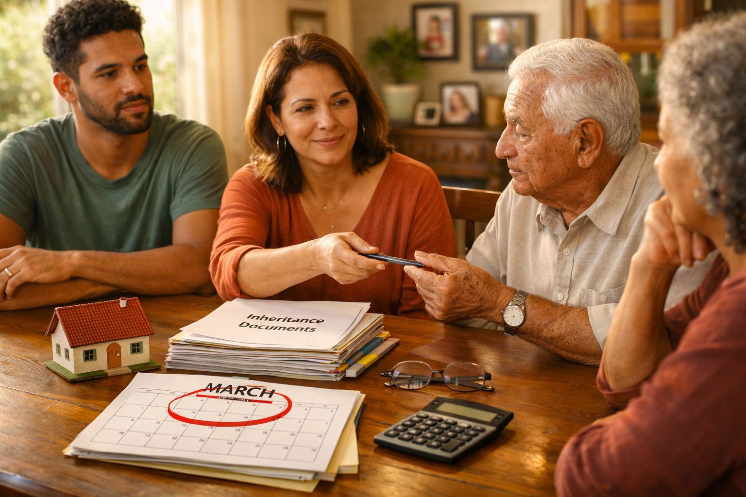 Família junta à mesa a discutir documentos de herança com calendário marcado em março.