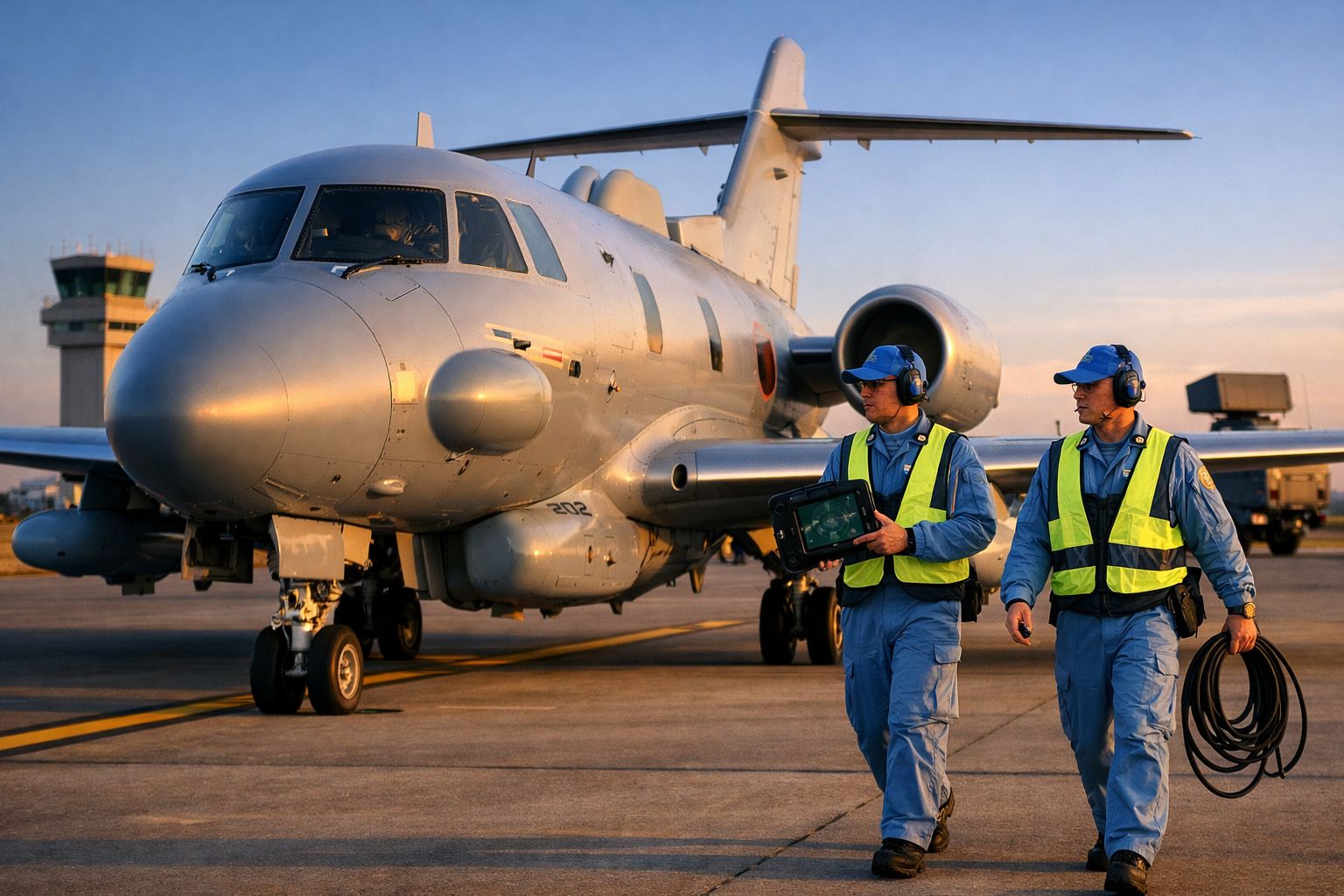 Dois trabalhadores com coletes refletores caminham junto a um avião militar no aeroporto ao pôr do sol.
