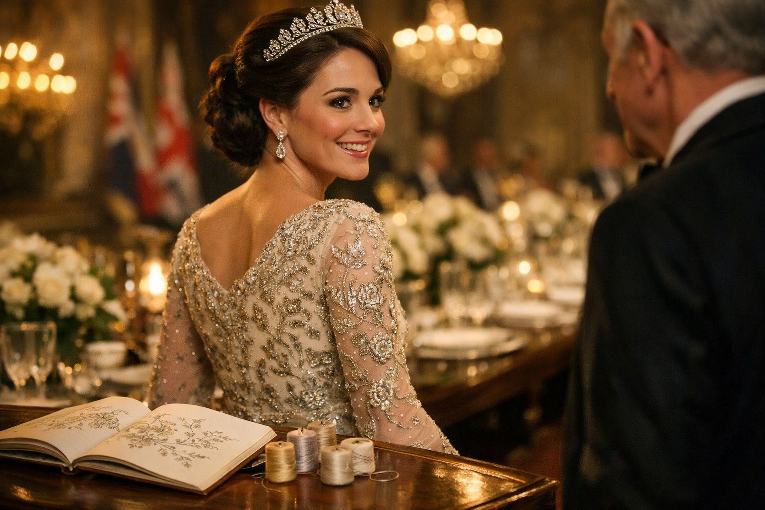 Noiva sorridente com vestido bordado e tiara, olhando por cima do ombro numa sala decorada para festa.