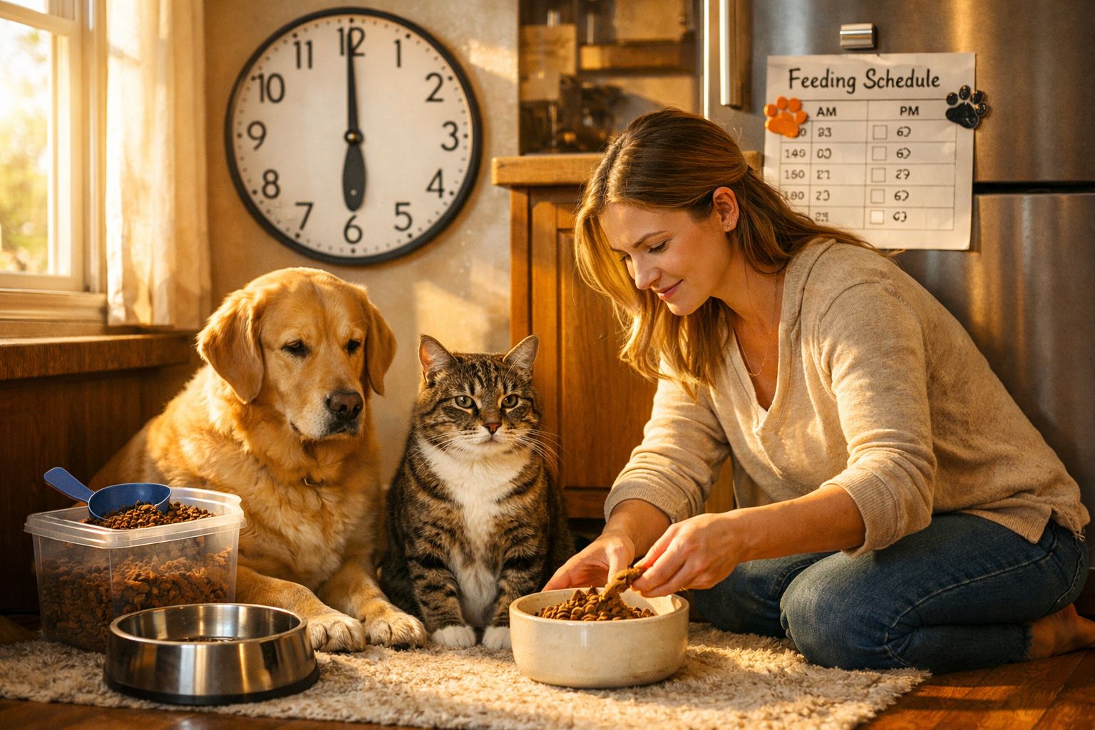 Mulher a alimentar um cão e um gato com comida seca numa cozinha acolhedora e iluminada.