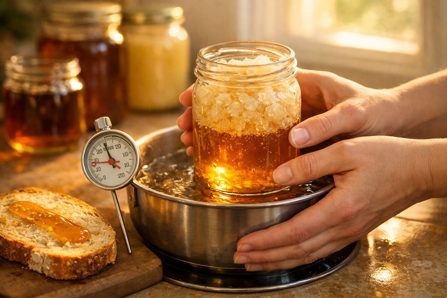 Mãos seguram frasco com méis e grânulos, imerso em banho-maria com termómetro ao lado e pão com mel.