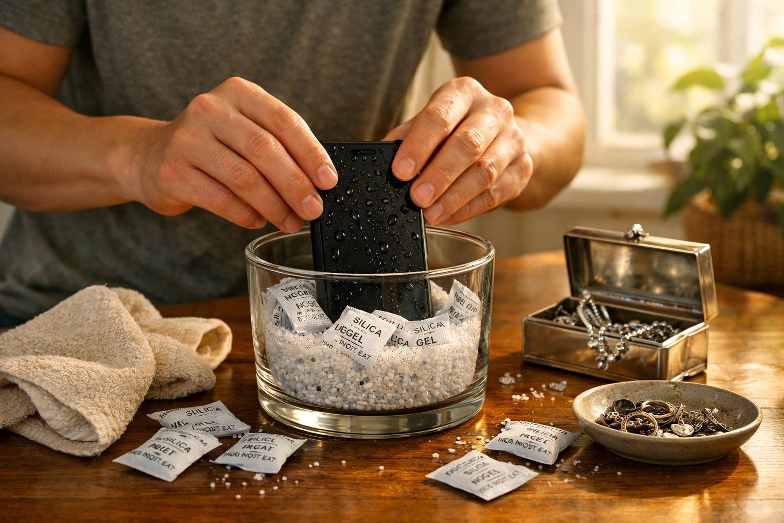 Pessoa a secar um telemóvel molhado com pacotes de gel de sílica num recipiente de vidro.