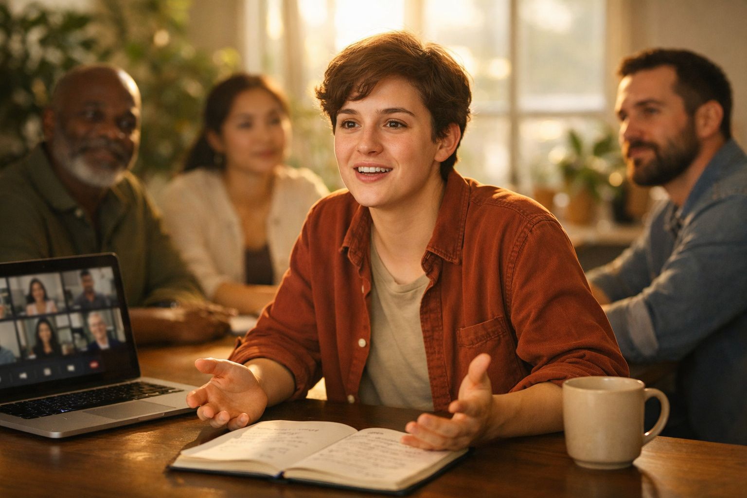 Pessoa jovem a falar numa reunião com outras três pessoas e participantes em videoconferência no portátil.
