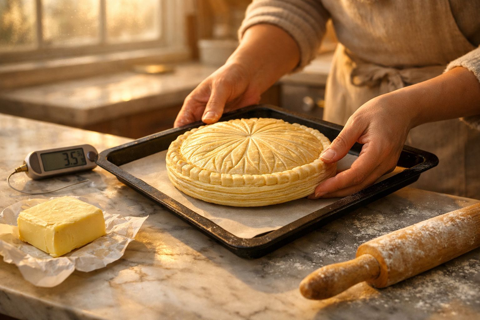 Pessoa a colocar torta decorativa num tabuleiro para ir ao forno numa cozinha iluminada.