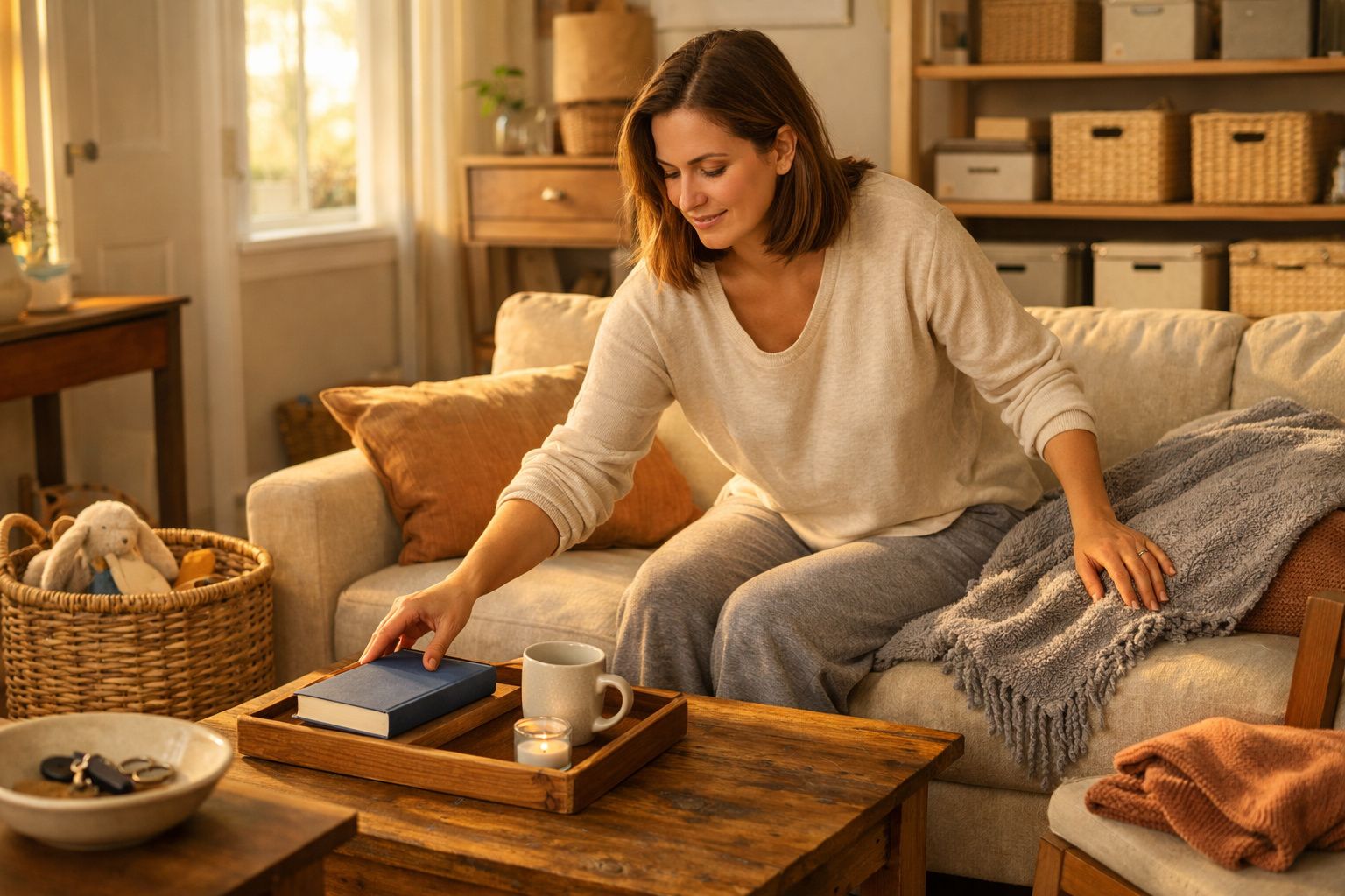 Mulher sentada no sofá a apanhar um livro numa sala acolhedora com luz natural.